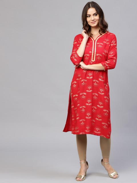 

Jaipur Kurti Women Red & Golden Printed Straight Kurta