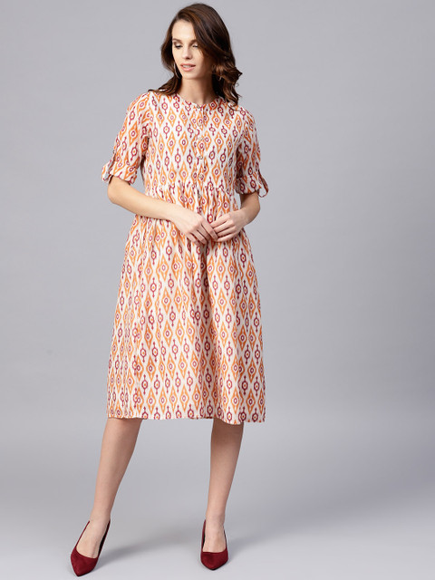 

Jaipur Kurti Women Off-White & Orange Printed A-Line Dress