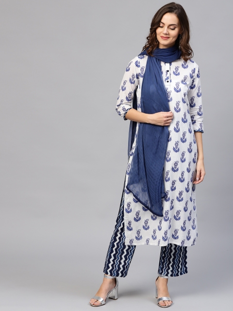 

Jaipur Kurti Women White & Navy Blue Printed Kurta with Trousers & Dupatta