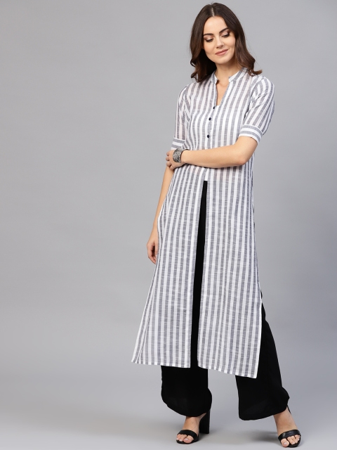 

Jaipur Kurti Women Off-White & Grey Striped Handloom Straight Kurta