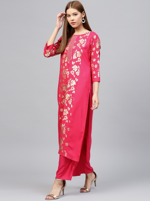 

Jaipur Kurti Women Pink & Golden Printed Kurta with Palazzos