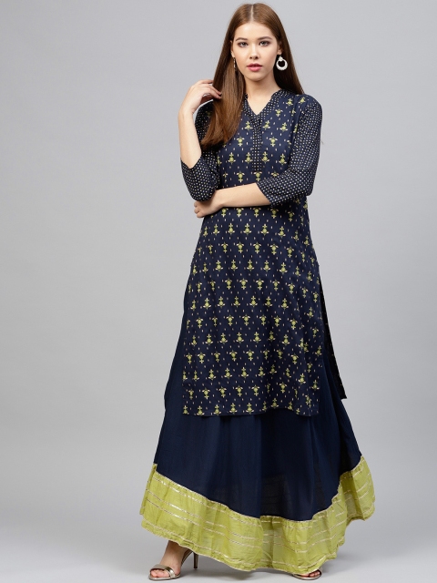 

Jaipur Kurti Women Navy Blue & Green Printed Kurta with Skirt