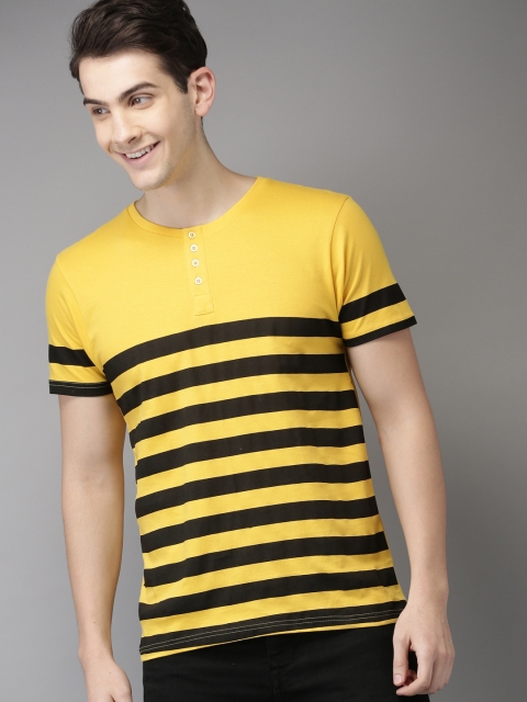 

HERE&NOW Men Yellow & Black Striped Henley T-shirt