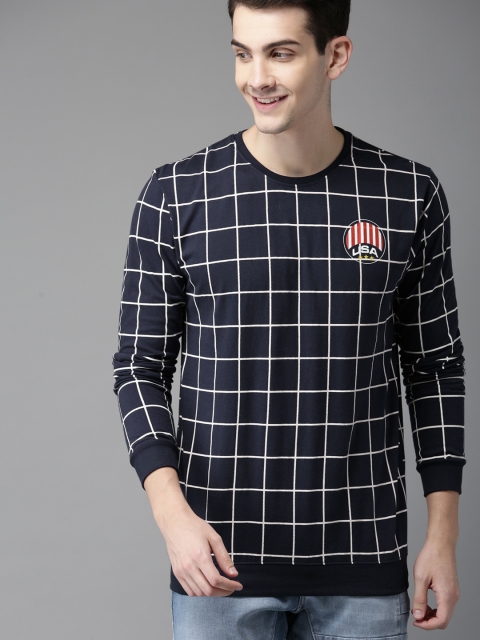 

HERE&NOW Men Navy Blue Checked Round Neck T-shirt