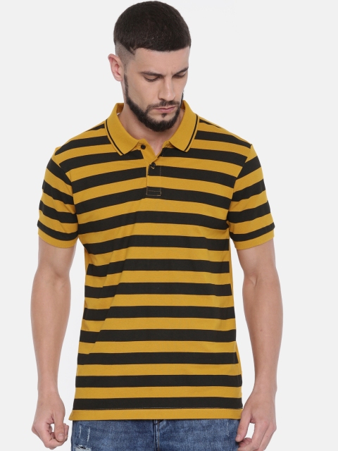 

HERE&NOW Men Mustard Yellow & Black Striped Polo Collar T-shirt