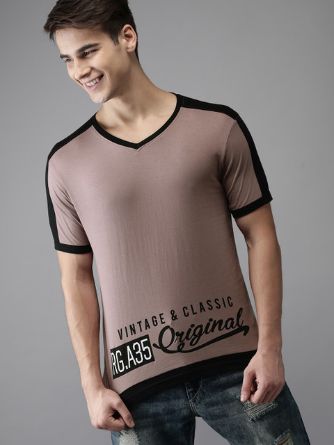 

HERE&NOW Men Taupe Printed V-Neck T-shirt