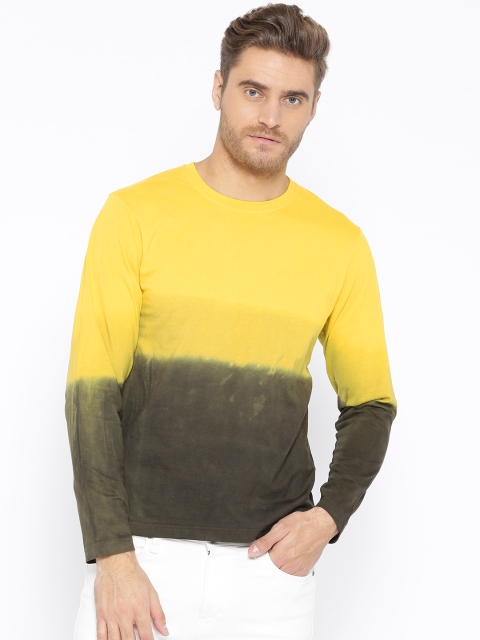 

HERE&NOW Men Yellow & Olive Green Dyed Round Neck T-shirt