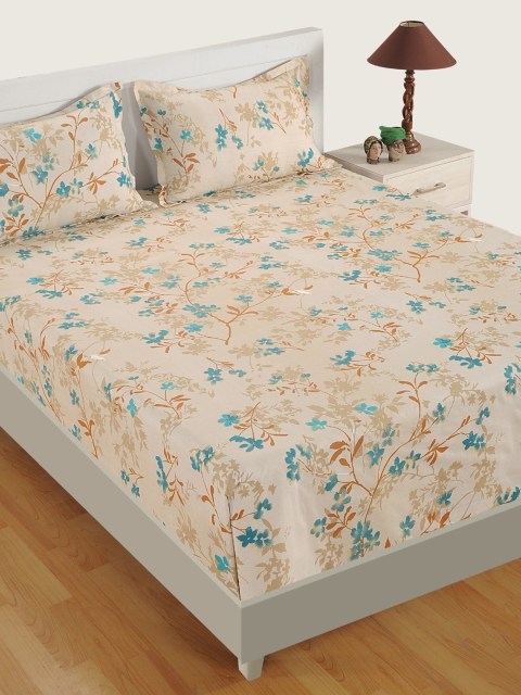 

SWAYAM Beige & Blue Floral Flat 180 TC Cotton Double Bedsheet with 2 Pillow Covers