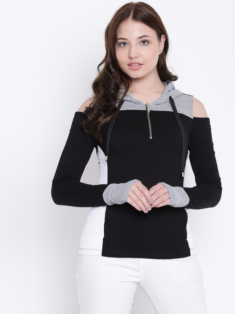 

Texco Women Black and Grey Hooded Cold Shoulder Sleeves Sweatshirt