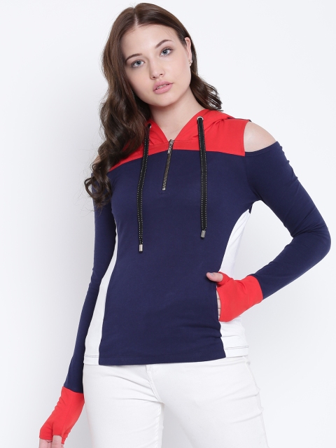 

Texco Women Navy and Red Hooded Cold Shoulder Sleeves Sweatshirt, Navy blue