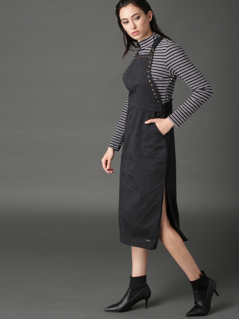 

Roadster Women Black Solid Midi Dungaree Dress with Studs