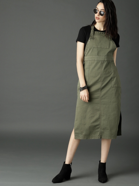 

Roadster Women Olive Green Midi Dungaree Dress with Studs