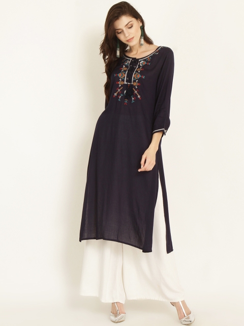 

RARE ROOTS Women Navy Blue Solid Kurta