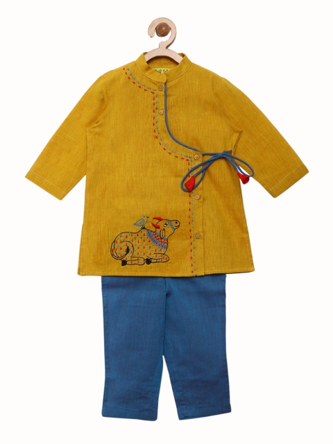 

Tiber Taber Boys Mustard & Blue Embroidered Kurta with Trousers
