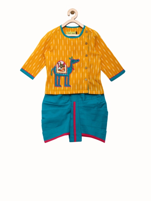 

Tiber Taber Boys Mustard & Blue Embroidered Kurta with Dhoti Pants