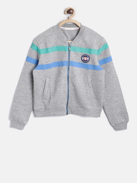 

SCULLERS Boys Grey Melange Quilted Bomber Jacket with Striped Detail