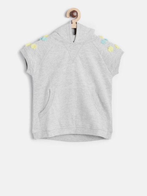

SCULLERS Boys Grey Melange Solid Hooded Sleeveless Sweatshirt with Applique Detail