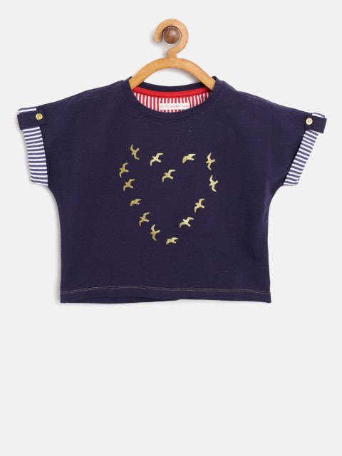

SCULLERS Girls Navy Blue Printed Boxy Top