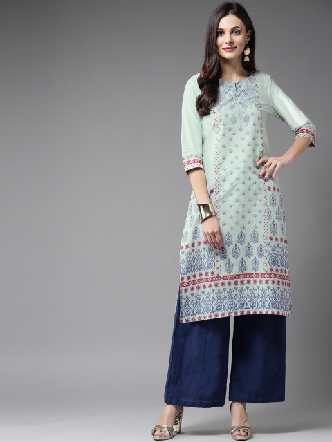 

Moda Rapido Women Sea Green & Navy Blue Printed Straight Kurta