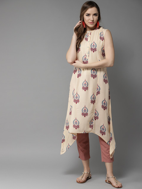 

Moda Rapido Women Beige & Blue Printed Asymmetric A-Line Kurta