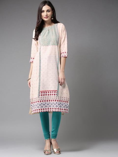 

Moda Rapido Women Cream-Coloured & Pink Printed Straight Kurta