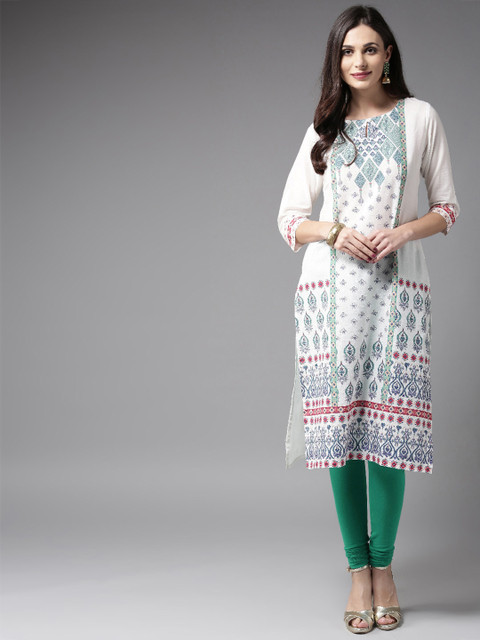 

Moda Rapido Women White & Navy Blue Printed Straight Kurta