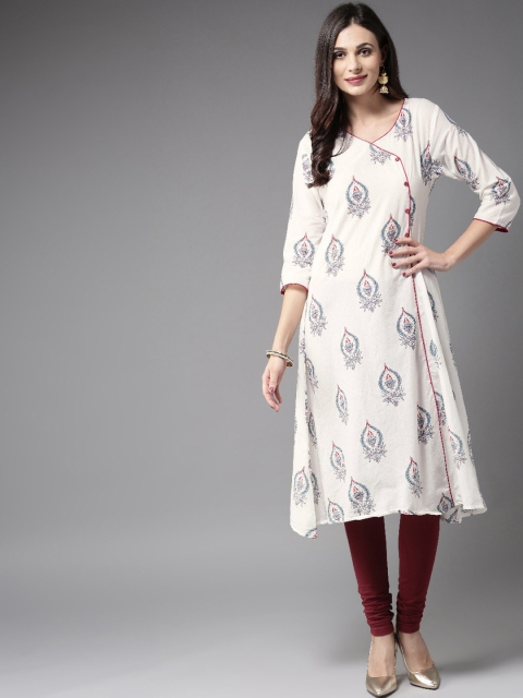 

Moda Rapido Women White & Navy Blue Printed Angrakha A-Line Kurta