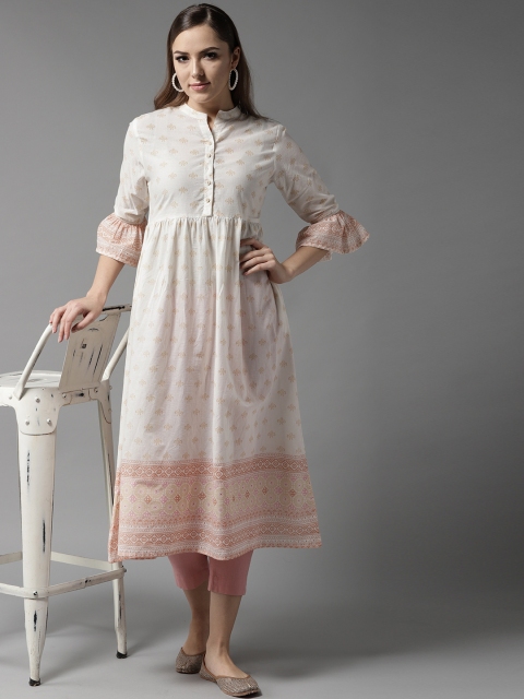 

Moda Rapido Women White & Beige Printed A-Line Kurta