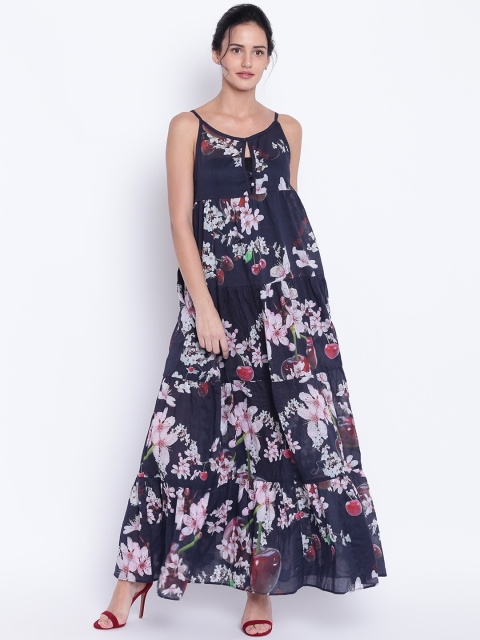 

I AM FOR YOU Women Navy Blue & Pink Printed Semi-Sheer Maxi Dress