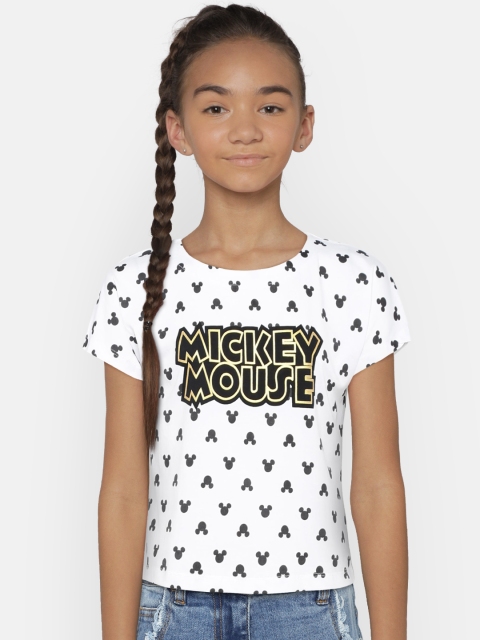 

YK Disney Girls White & Black Printed Round Neck T-shirt