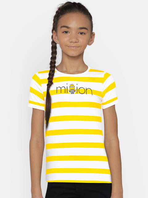 

YK Minion Girls Yellow & White Striped Round Neck T-shirt
