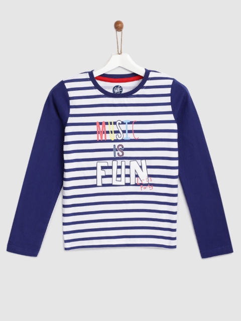 

YK Boys White & Blue Striped & Printed T-shirt
