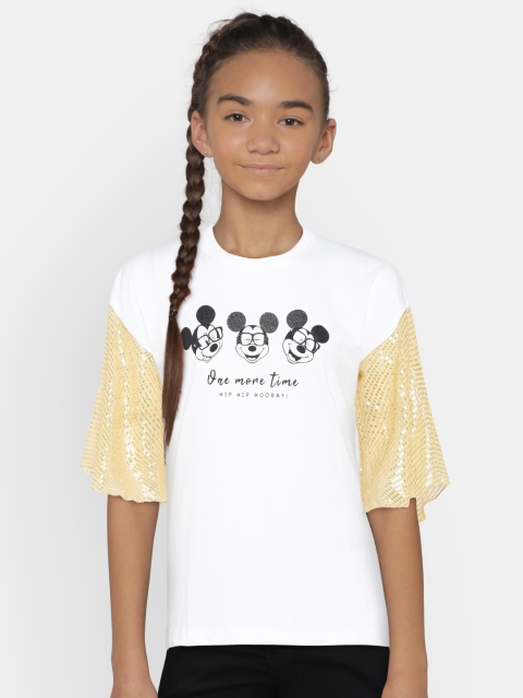 

YK Disney Girls White & Yellow Colourblocked Printed Pure Cotton Top