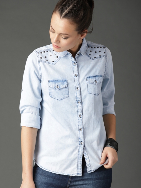 

Roadster Women Blue Faded Denim Shirt with Embellished Yoke