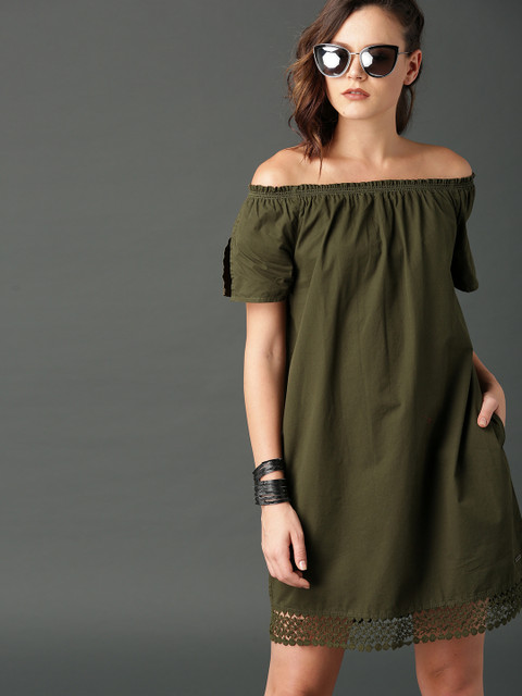 

Roadster Women Olive Green Solid A-Line Dress