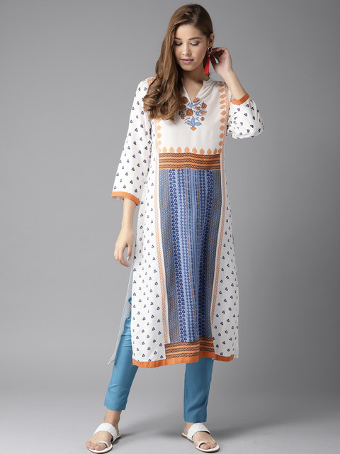

HERE&NOW Women White & Blue Printed Kurta with Churidar