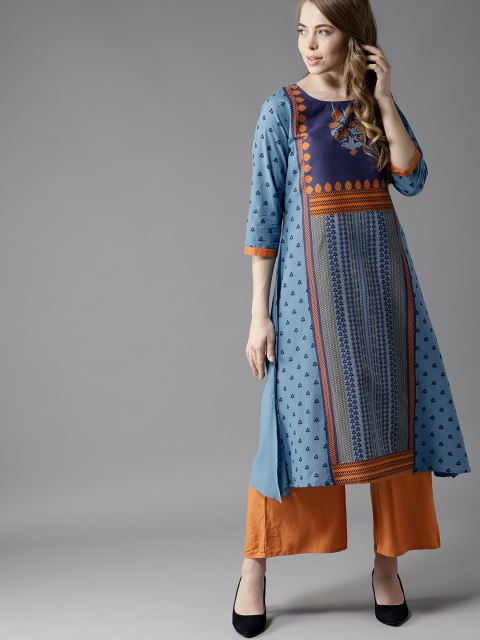 

HERE&NOW Women Blue & Orange Printed A-Line Kurta