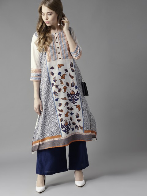 

HERE&NOW Women Off-White & Blue Printed A-Line Kurta