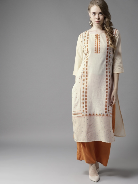 

HERE&NOW Women Off-White & Orange Printed Straight Kurta