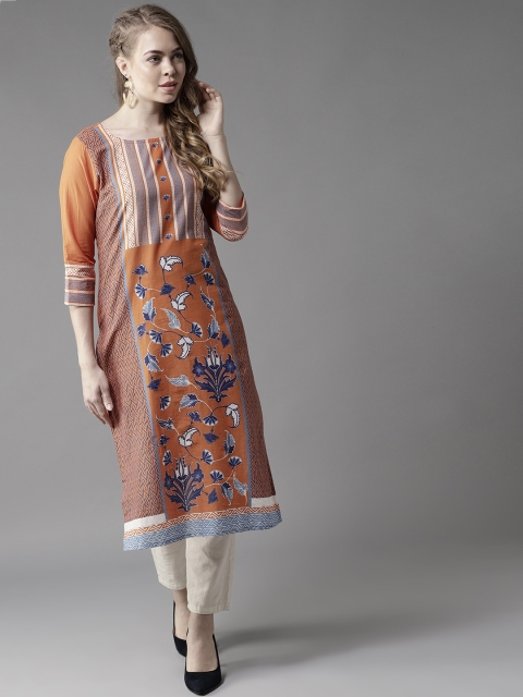 

HERE&NOW Women Orange & Navy Blue Printed Straight Kurta