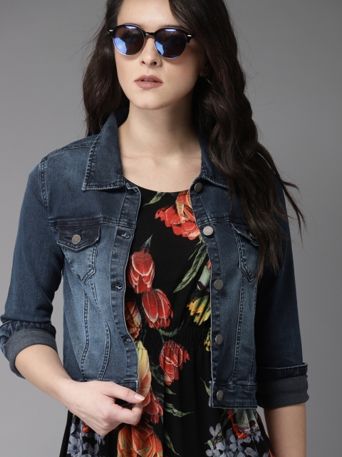 

HERE&NOW Women Blue Solid Denim Jacket