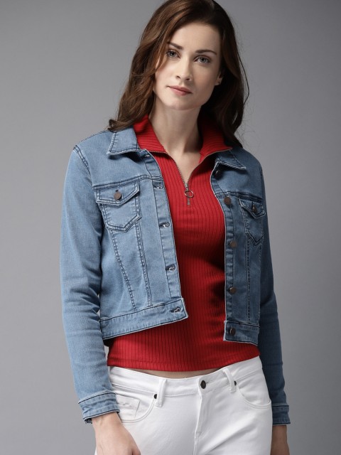 

HERE&NOW Women Blue Solid Crop Denim Jacket