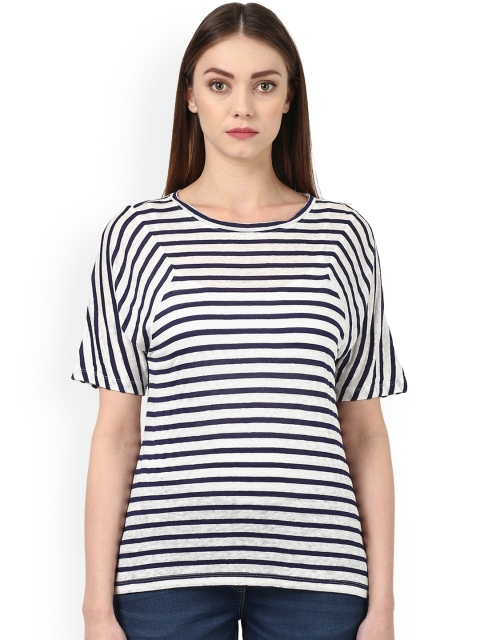 

Park Avenue Women Navy Blue Striped Round Neck T-shirt