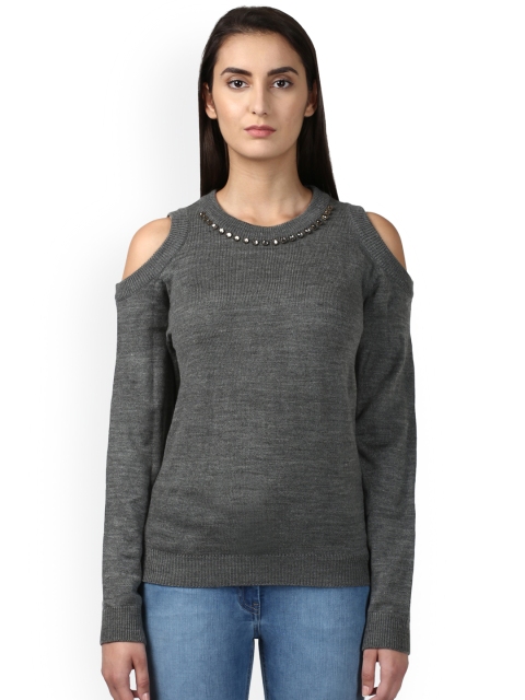 

Park Avenue Women Grey Embellished Cold-Shoulder Pullover