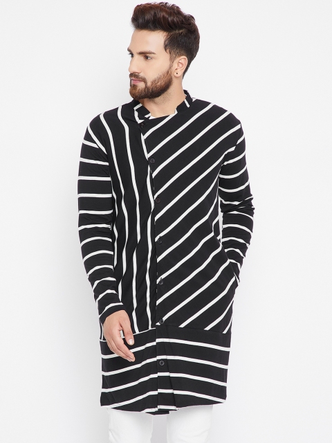 

CHILL WINSTON Men Black & White Striped Mandarin Collar T-shirt