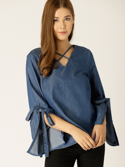 

United Colors of Benetton Women Blue Chambray Solid Pure Cotton Top