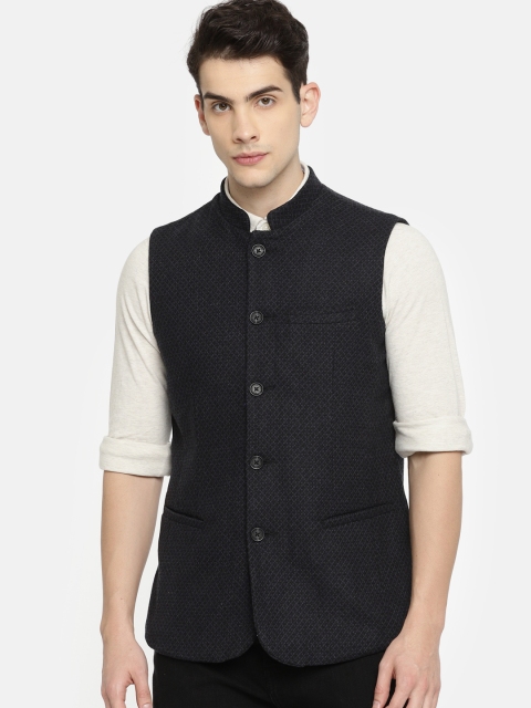 

U.S. Polo Assn. Men Navy & Black Woven Design Nehru Jacket, Navy blue