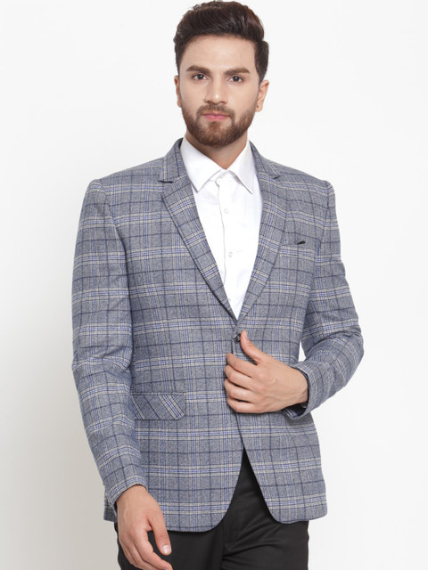

LUXURAZI Men Grey Checked Slim Fit Blazer