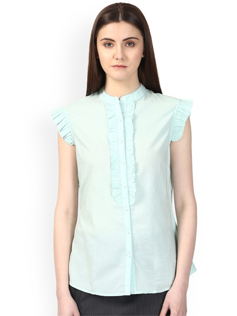 

Park Avenue Women Sea Green Self Design Shirt Style Top