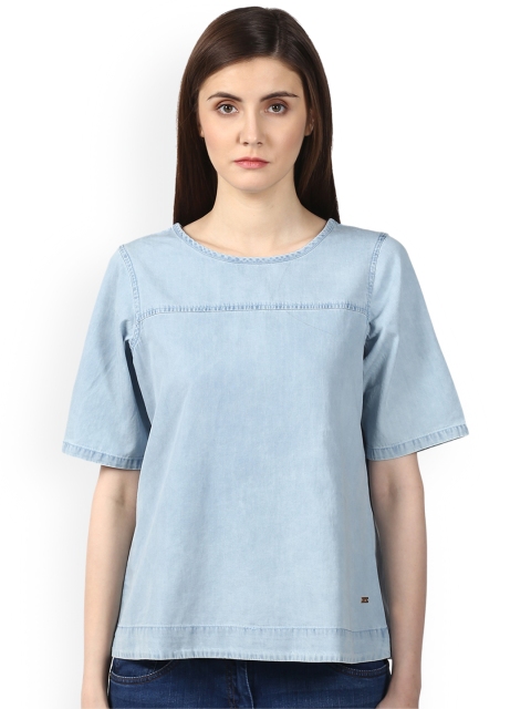 

Park Avenue Women Blue Solid Boxy Denim Pure Cotton Top